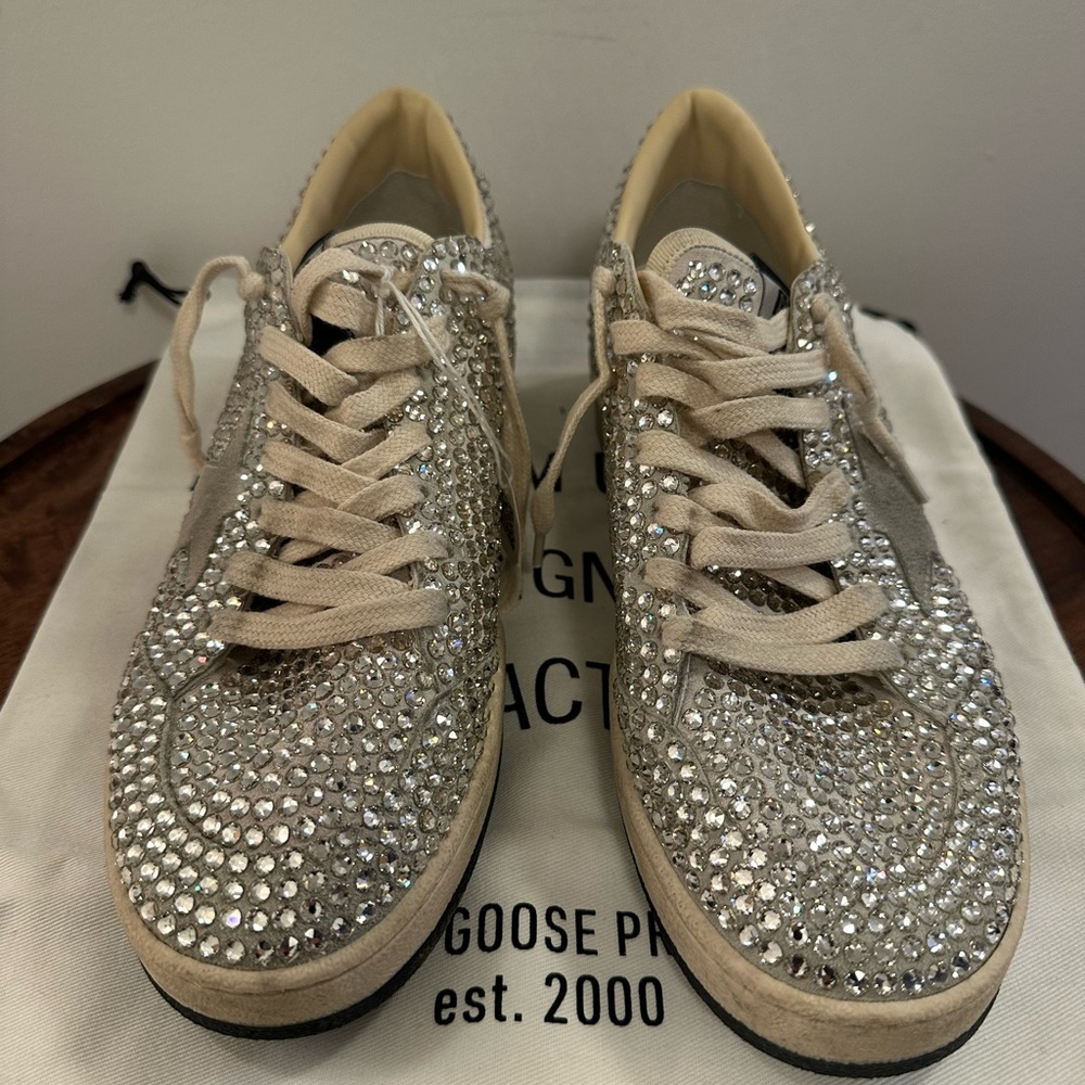Golden Goose Ball Star with Swarovski crystals and gray suede star